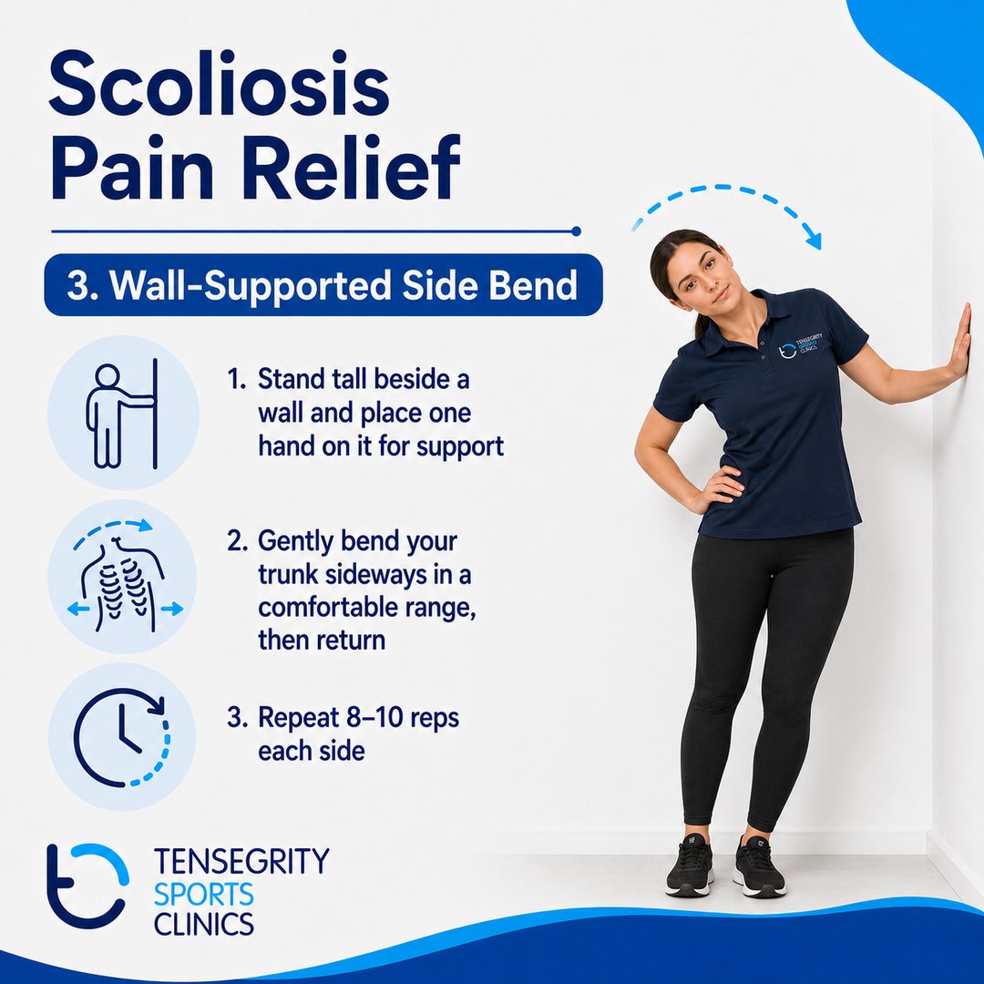 Wall-supported side bend for scoliosis pain, standing beside a wall with one hand on it and bending the trunk sideways