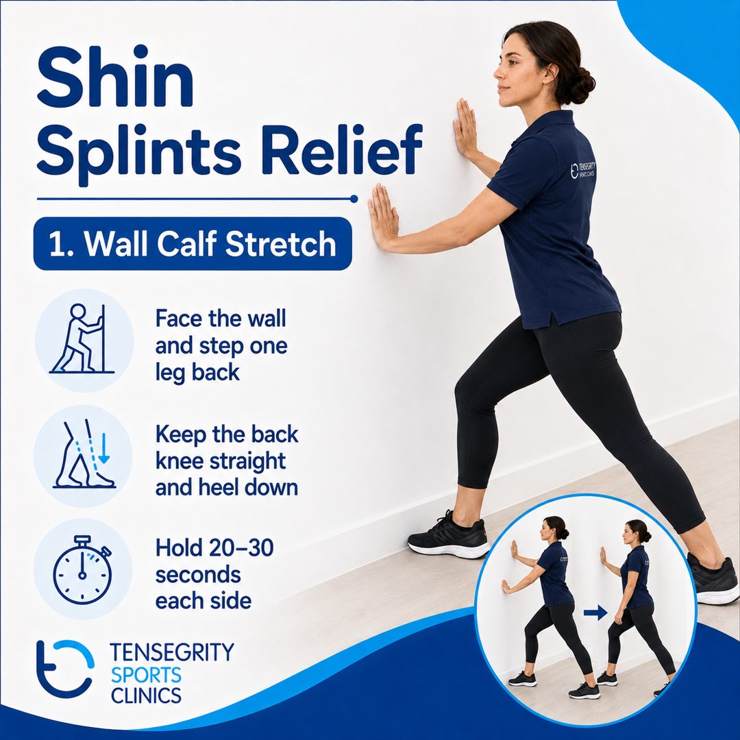Shin splints exercise 1: wall calf stretch. Face the wall and step one leg back, keep the back knee straight and heel down, hold 20 to 30 seconds each side.