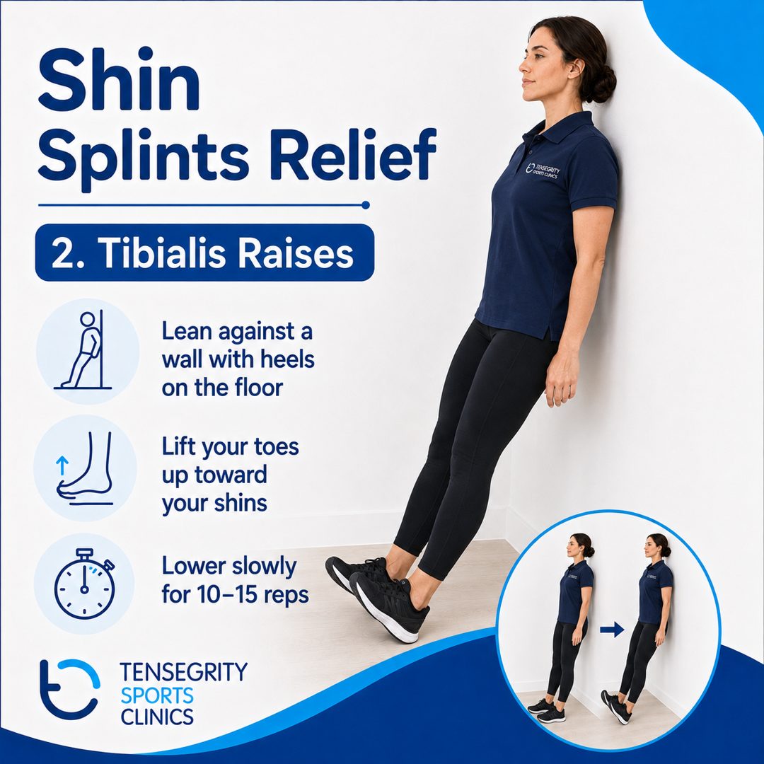 Shin splints exercise 2: tibialis raises. Lean against a wall with heels on the floor, lift your toes up toward your shins, lower slowly for 10 to 15 reps.