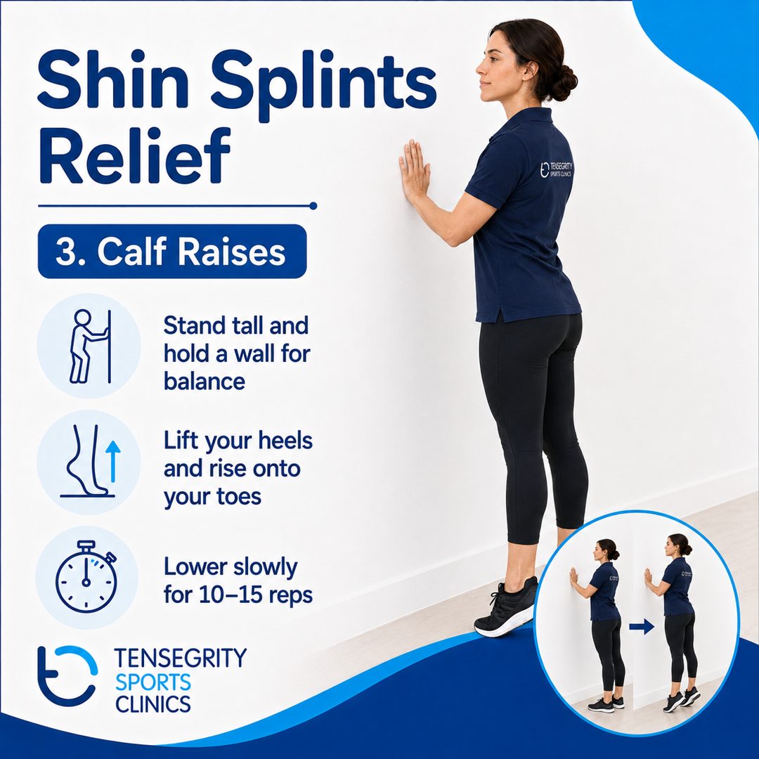Shin splints exercise 3: calf raises. Stand tall and hold a wall for balance, lift your heels and rise onto your toes, lower slowly for 10 to 15 reps.