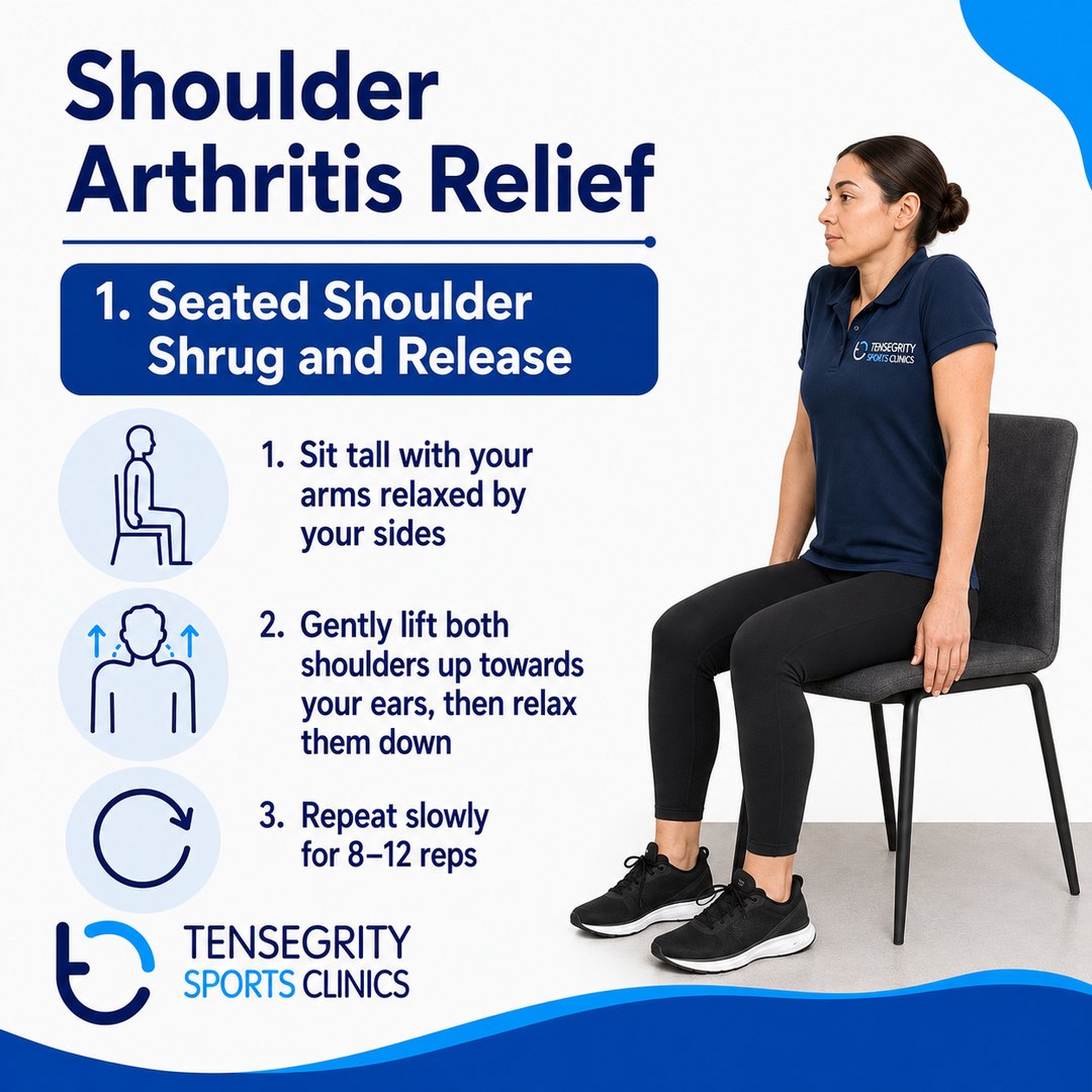 Seated shoulder shrug and release for shoulder arthritis, lifting both shoulders towards the ears then relaxing them down