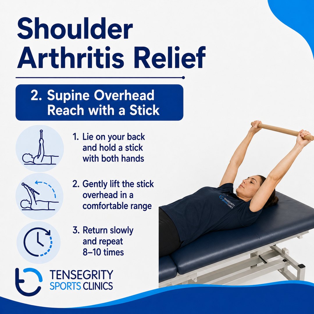 Supine overhead reach with a stick for shoulder arthritis, lying on the back lifting a stick overhead in a comfortable range