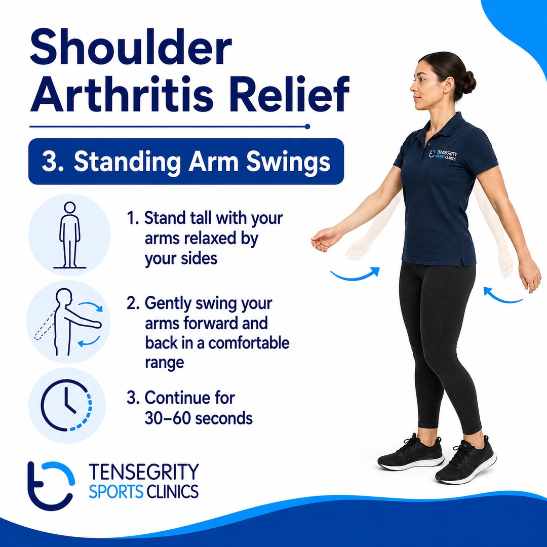 Standing arm swings for shoulder arthritis, arms relaxed by the sides swinging gently forward and back