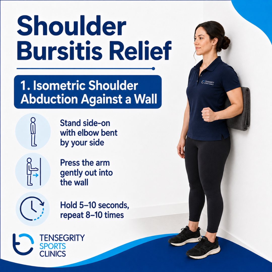 Isometric shoulder abduction against a wall for shoulder bursitis, standing side on pressing the arm gently into the wall