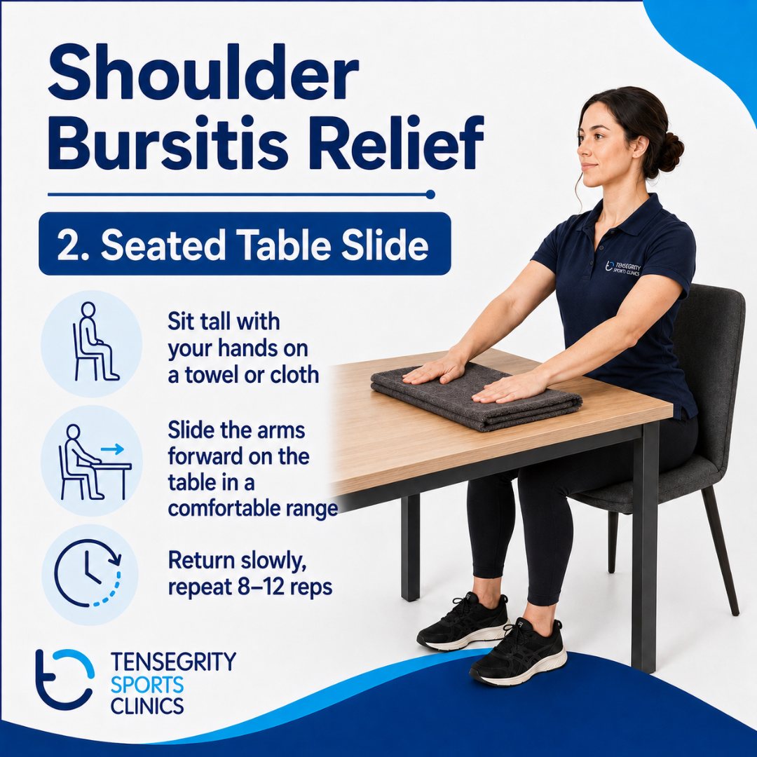 Seated table slide for shoulder bursitis, sitting tall with hands on a towel sliding the arms forward along a table