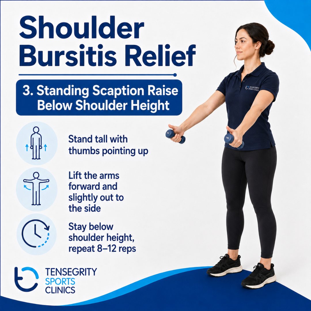 Standing scaption raise below shoulder height for shoulder bursitis, lifting light dumbbells forward and slightly out with thumbs up