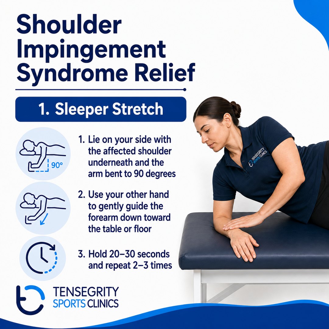 Sleeper stretch for shoulder impingement, lying on the affected side with the arm bent to 90 degrees guiding the forearm down