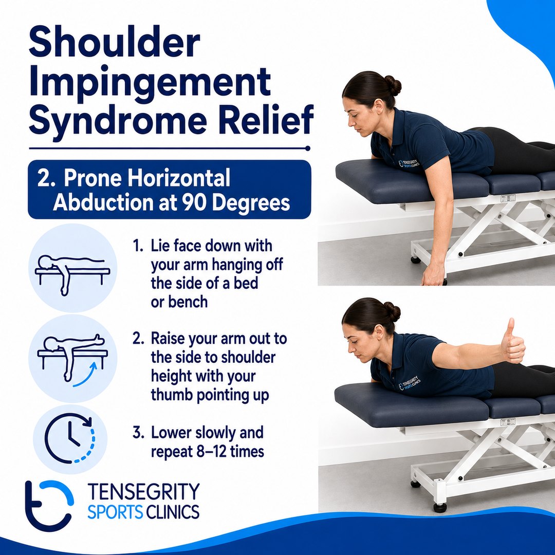 Prone horizontal abduction at 90 degrees for shoulder impingement, lying face down raising the arm out to shoulder height with the thumb up