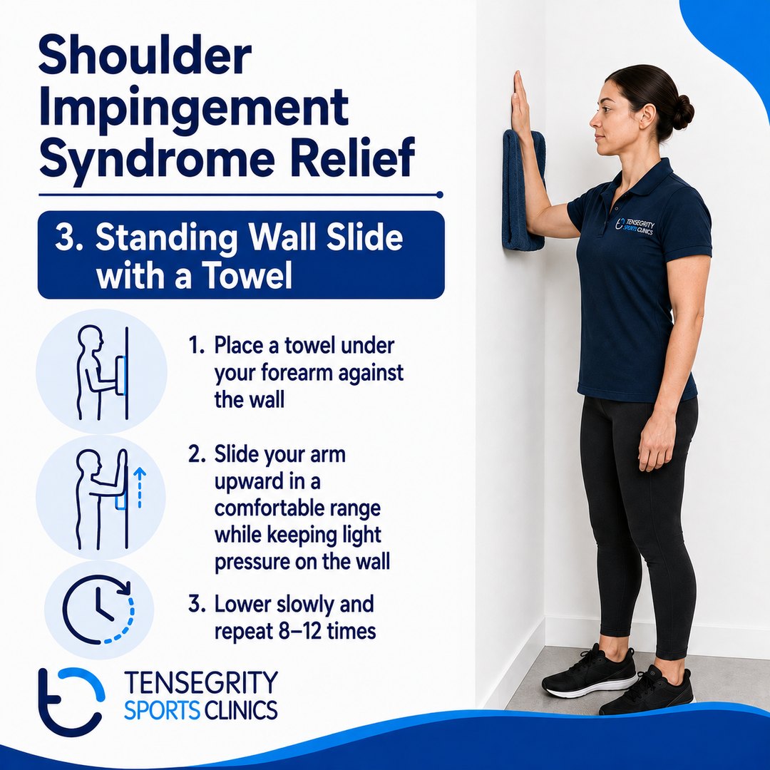 Standing wall slide with a towel for shoulder impingement, sliding the forearm up the wall on a towel in a comfortable range