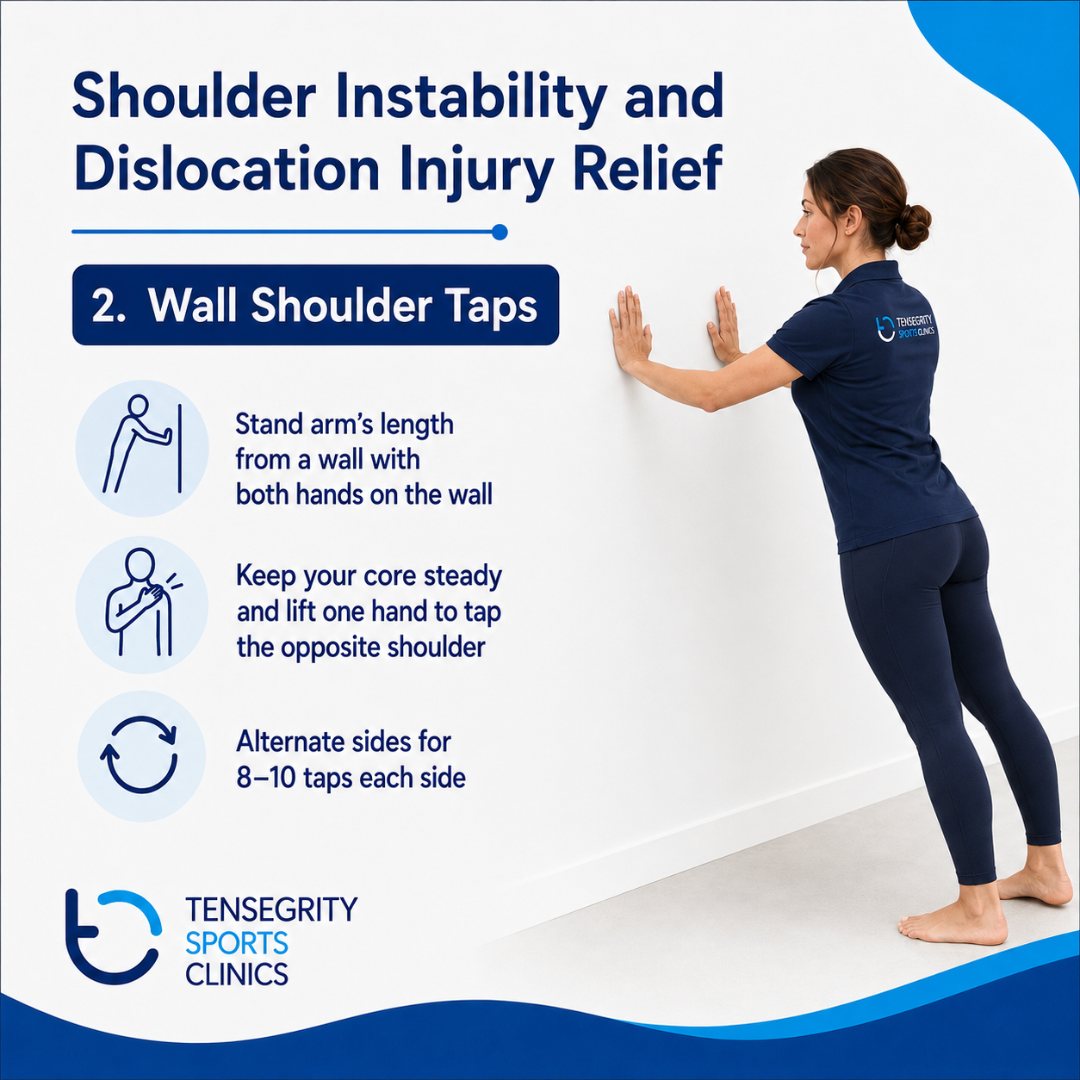 Wall shoulder taps for shoulder instability, hands on a wall lifting one hand to tap the opposite shoulder