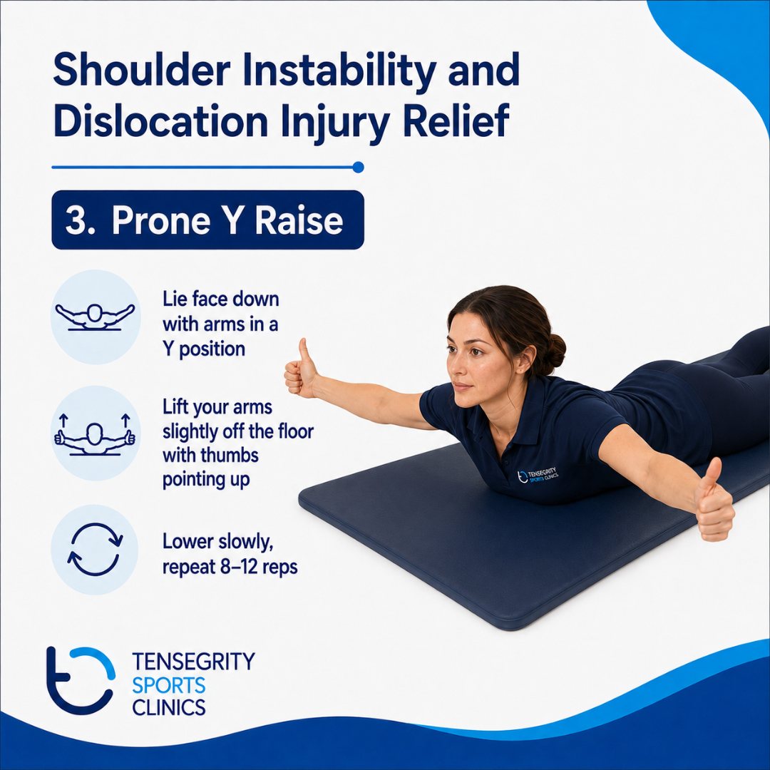 Prone Y raise for shoulder instability, lying face down lifting the arms in a Y position with thumbs pointing up