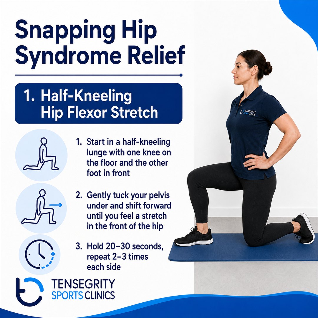 Half kneeling hip flexor stretch, exercise 1 for snapping hip syndrome