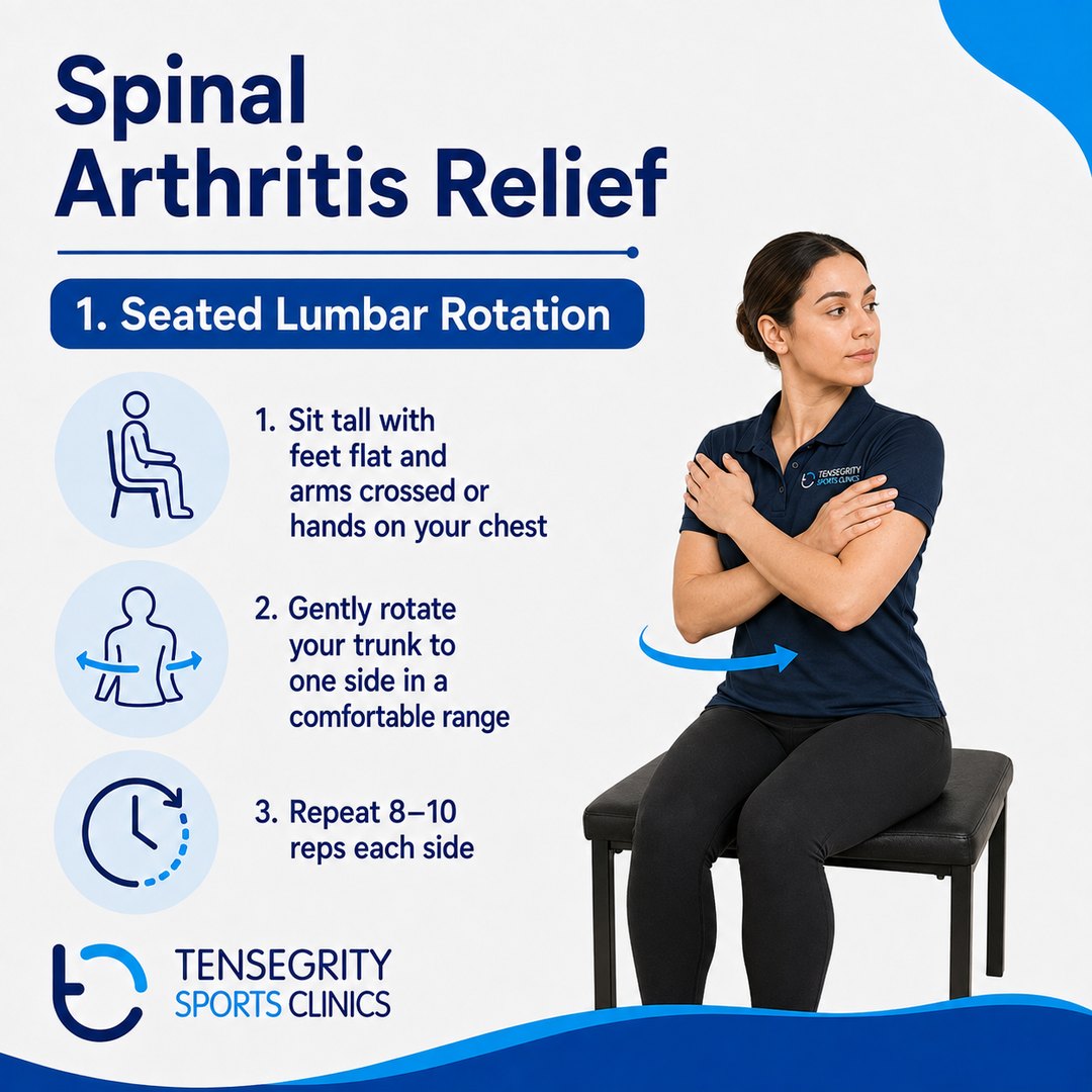 Seated lumbar rotation for spinal arthritis, sitting tall with arms crossed and rotating the trunk to one side