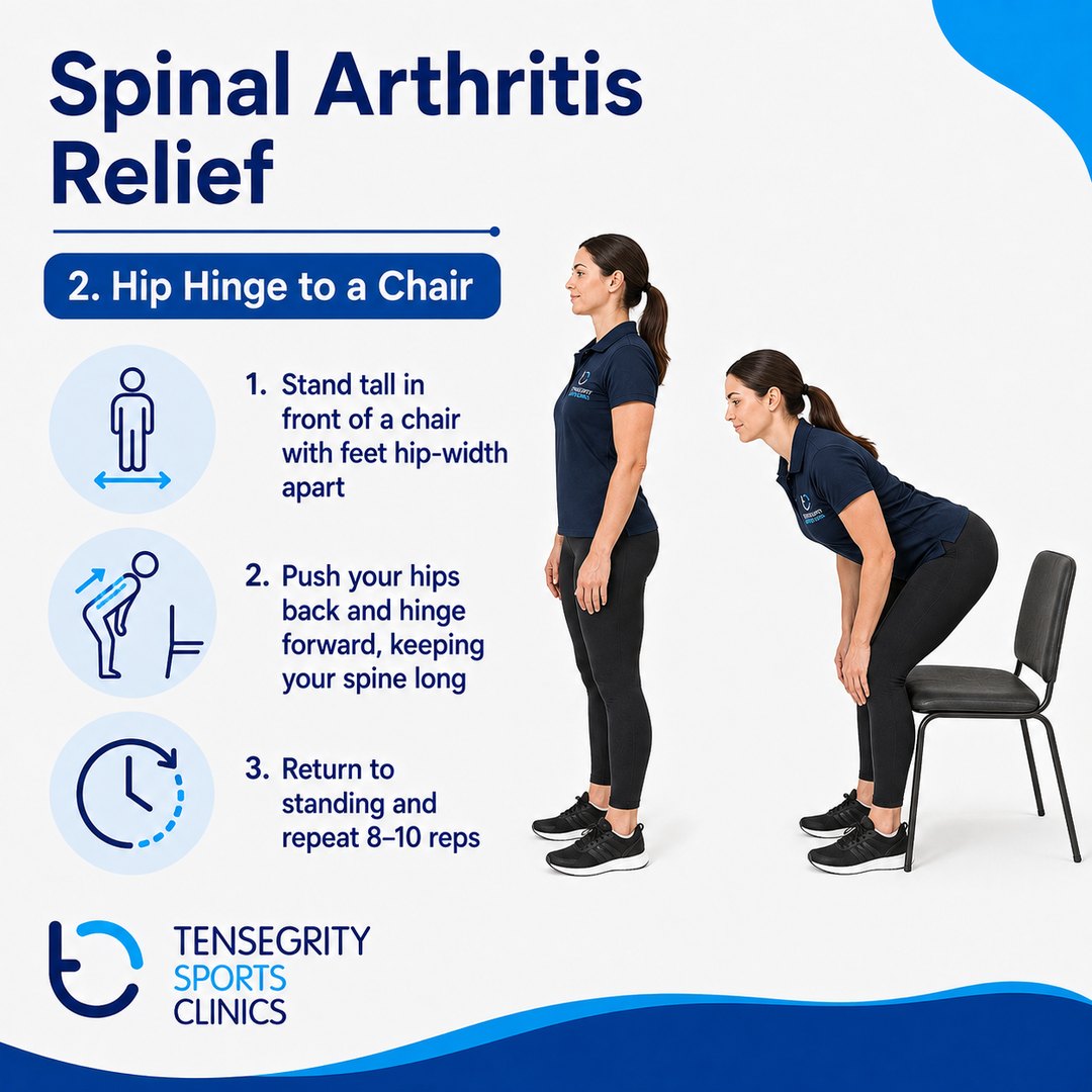 Hip hinge to a chair for spinal arthritis, standing in front of a chair pushing the hips back and hinging forward with a long spine