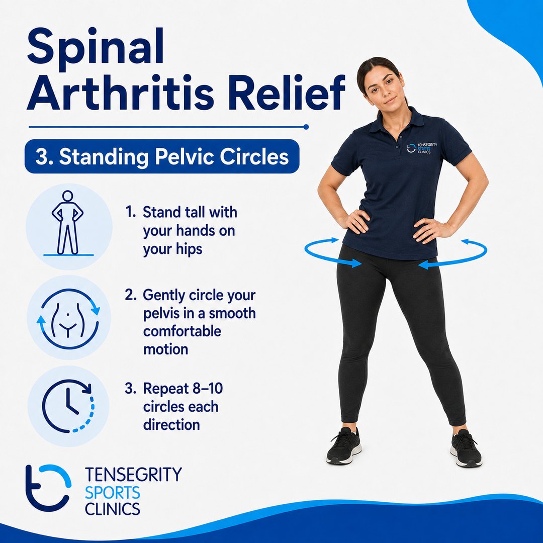 Standing pelvic circles for spinal arthritis, standing tall with hands on the hips circling the pelvis smoothly