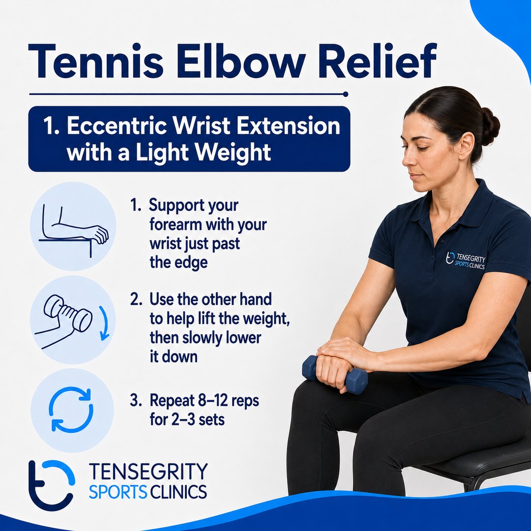 Eccentric wrist extension with a light weight for tennis elbow, forearm supported with the wrist past the edge, helping the weight up then lowering it slowly