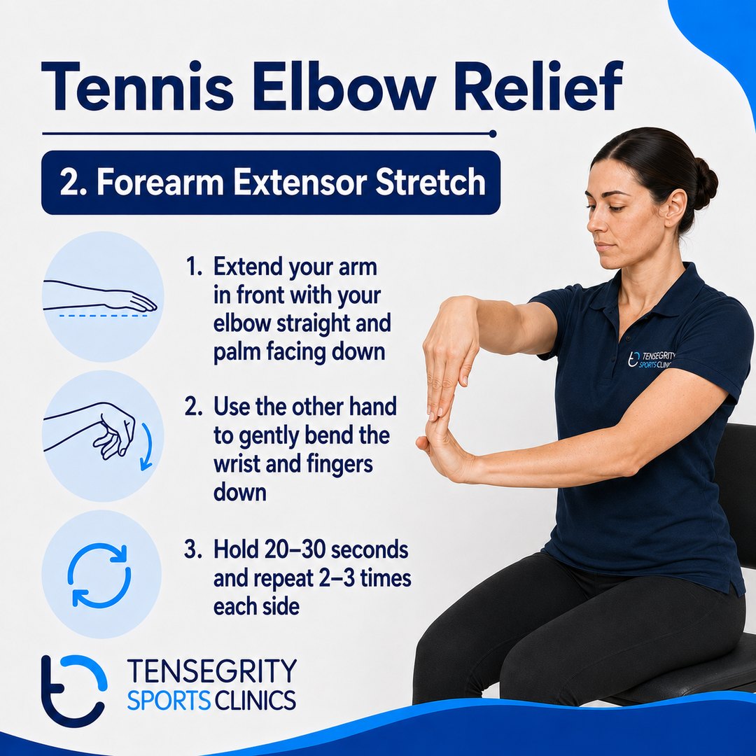 Forearm extensor stretch for tennis elbow, arm extended in front with the palm facing down and the other hand bending the wrist and fingers down