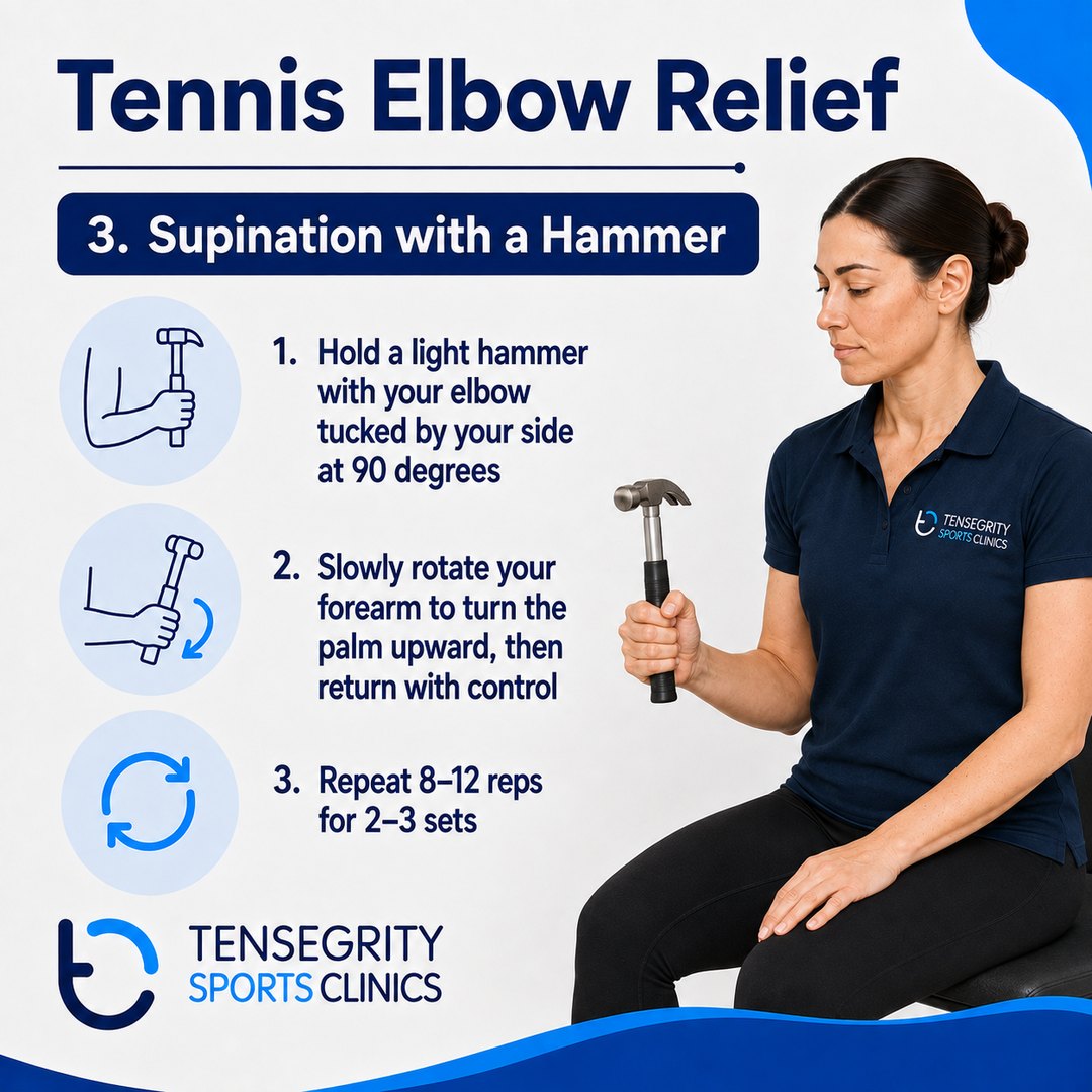 Supination with a hammer for tennis elbow, elbow tucked by the side at 90 degrees rotating the forearm to turn the palm upward