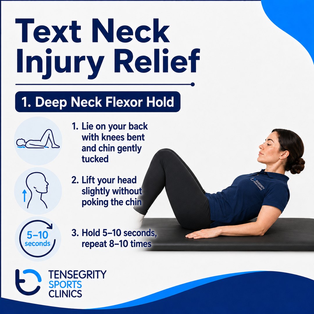 Deep neck flexor hold for text neck, lying on the back with knees bent and chin tucked lifting the head slightly