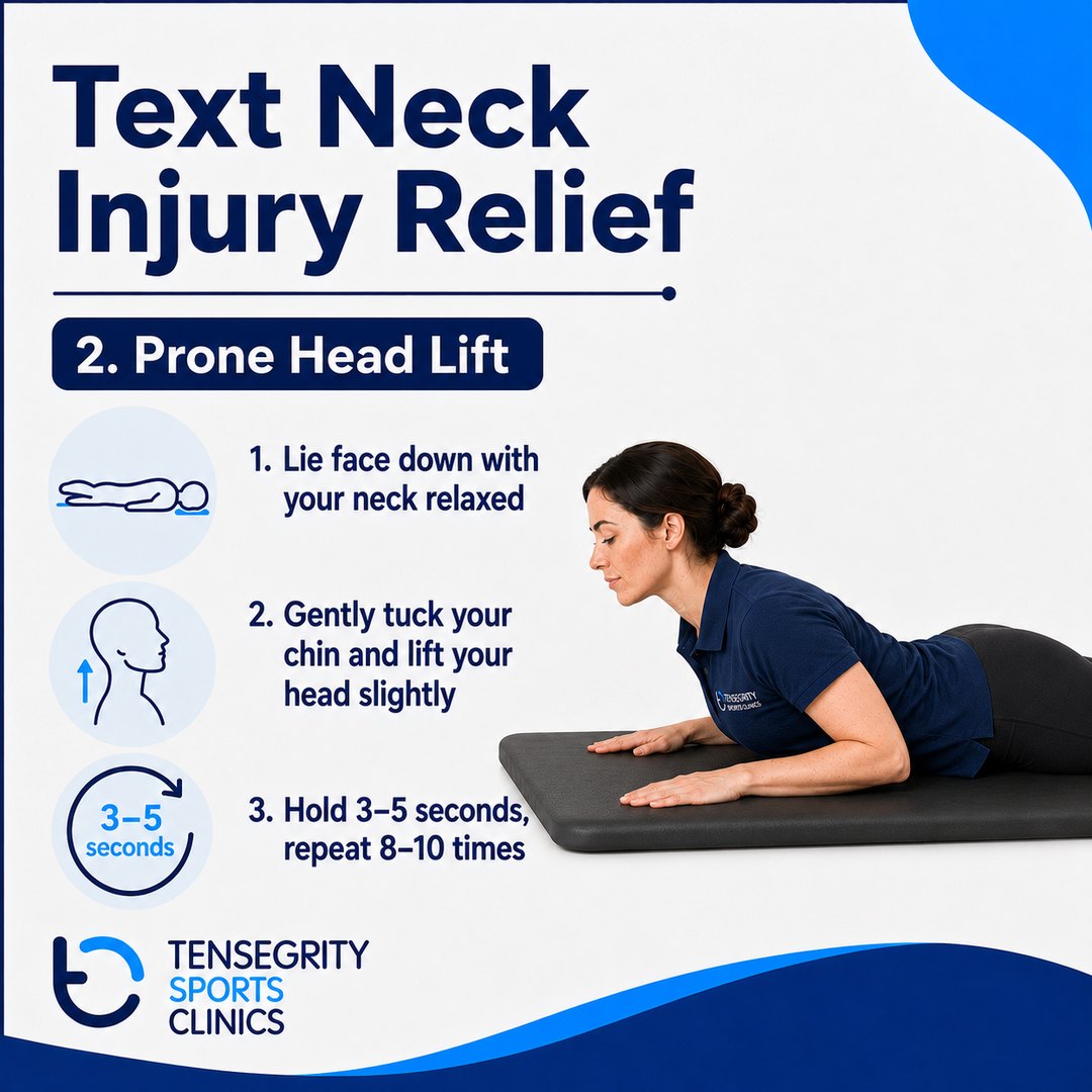 Prone head lift for text neck, lying face down tucking the chin and lifting the head slightly