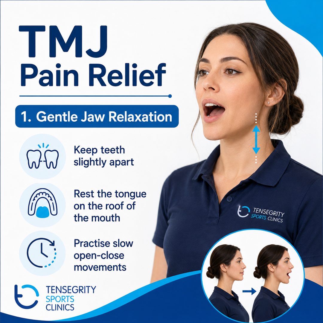 TMJ exercise 1: gentle jaw relaxation. Keep teeth slightly apart, rest the tongue on the roof of the mouth, practise slow open-close movements.