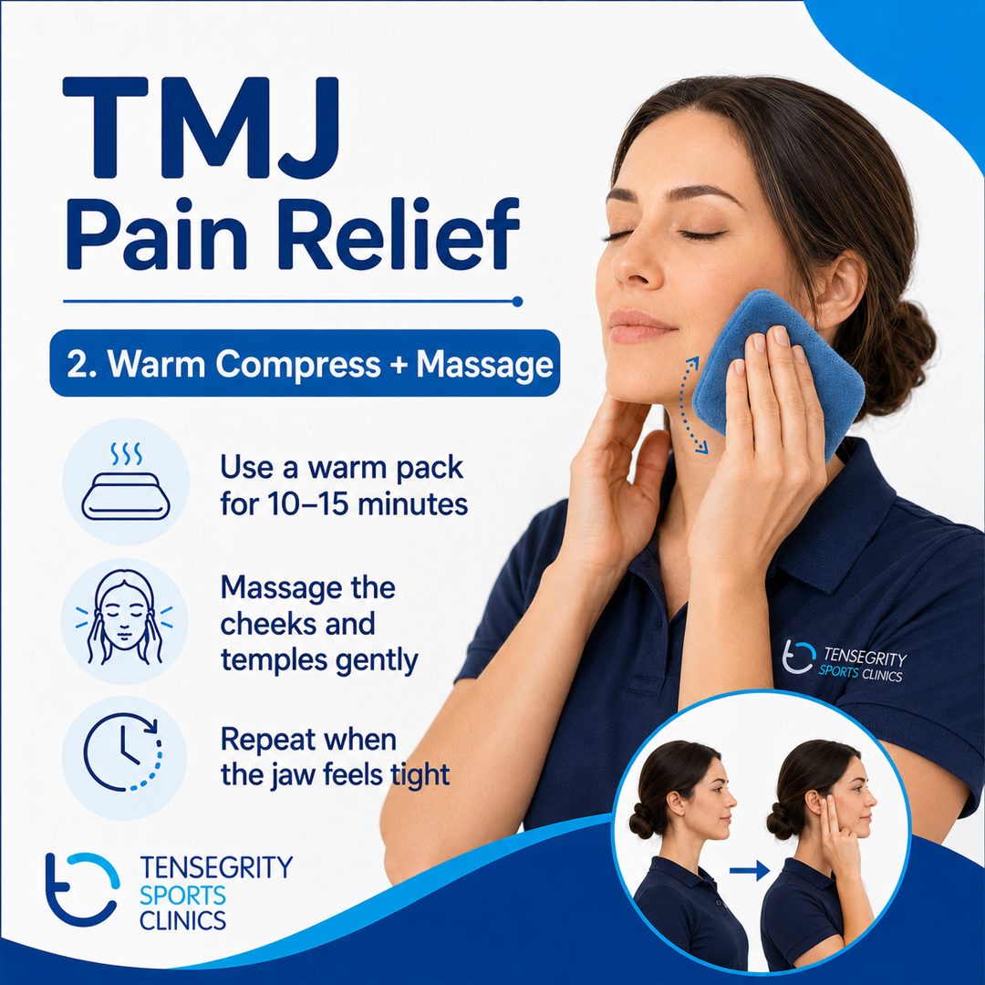 TMJ exercise 2: warm compress and massage. Use a warm pack for 10 to 15 minutes, massage the cheeks and temples gently, repeat when the jaw feels tight.