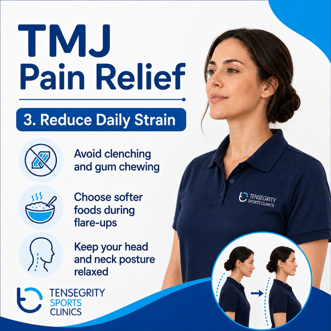 TMJ exercise 3: reduce daily strain. Avoid clenching and gum chewing, choose softer foods during flare-ups, keep your head and neck posture relaxed.