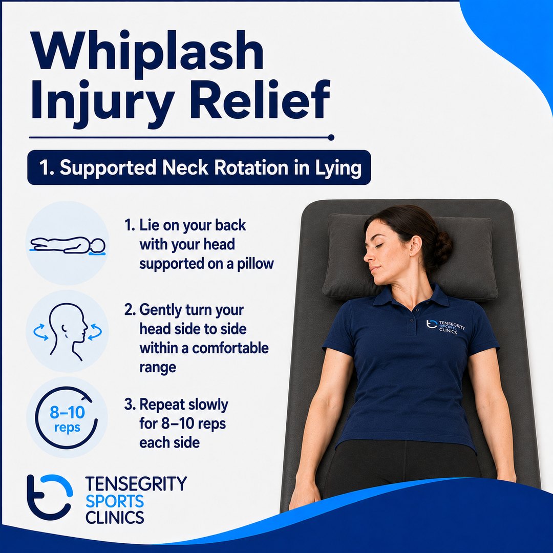 Supported neck rotation in lying for whiplash, lying on the back with the head supported on a pillow turning gently side to side