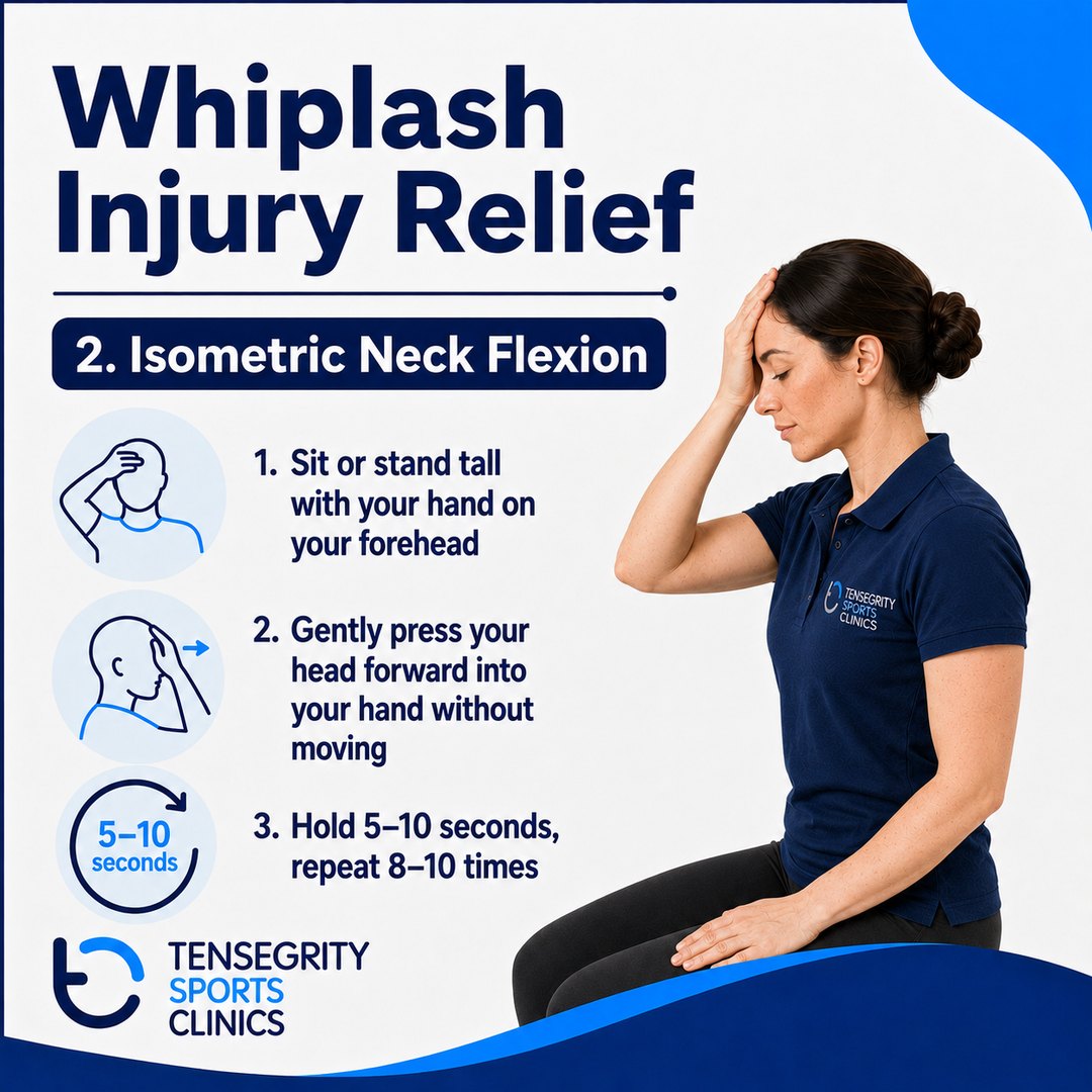 Isometric neck flexion for whiplash, sitting tall pressing the forehead gently into the hand without moving