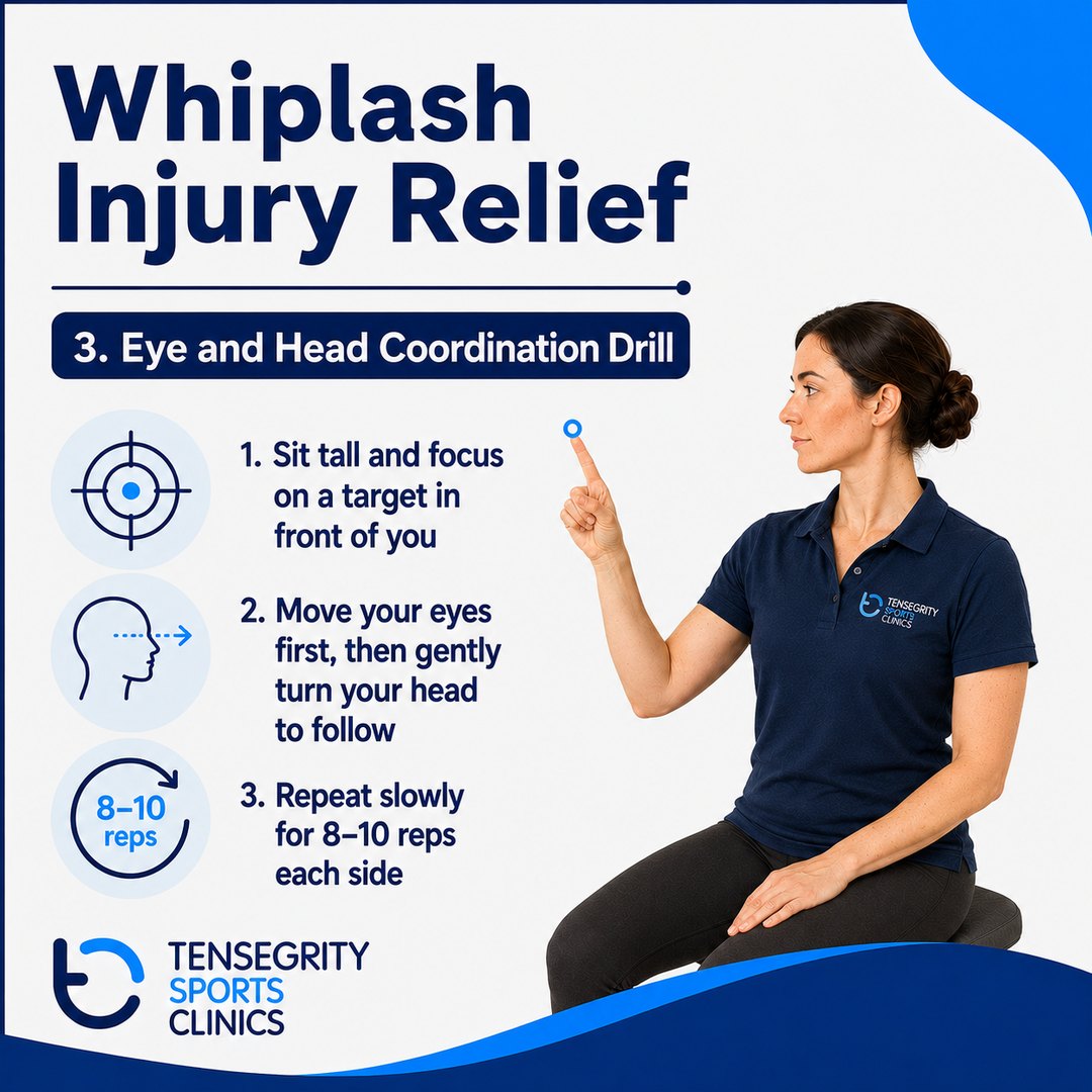 Eye and head coordination drill for whiplash, sitting tall focusing on a target and moving the eyes before the head